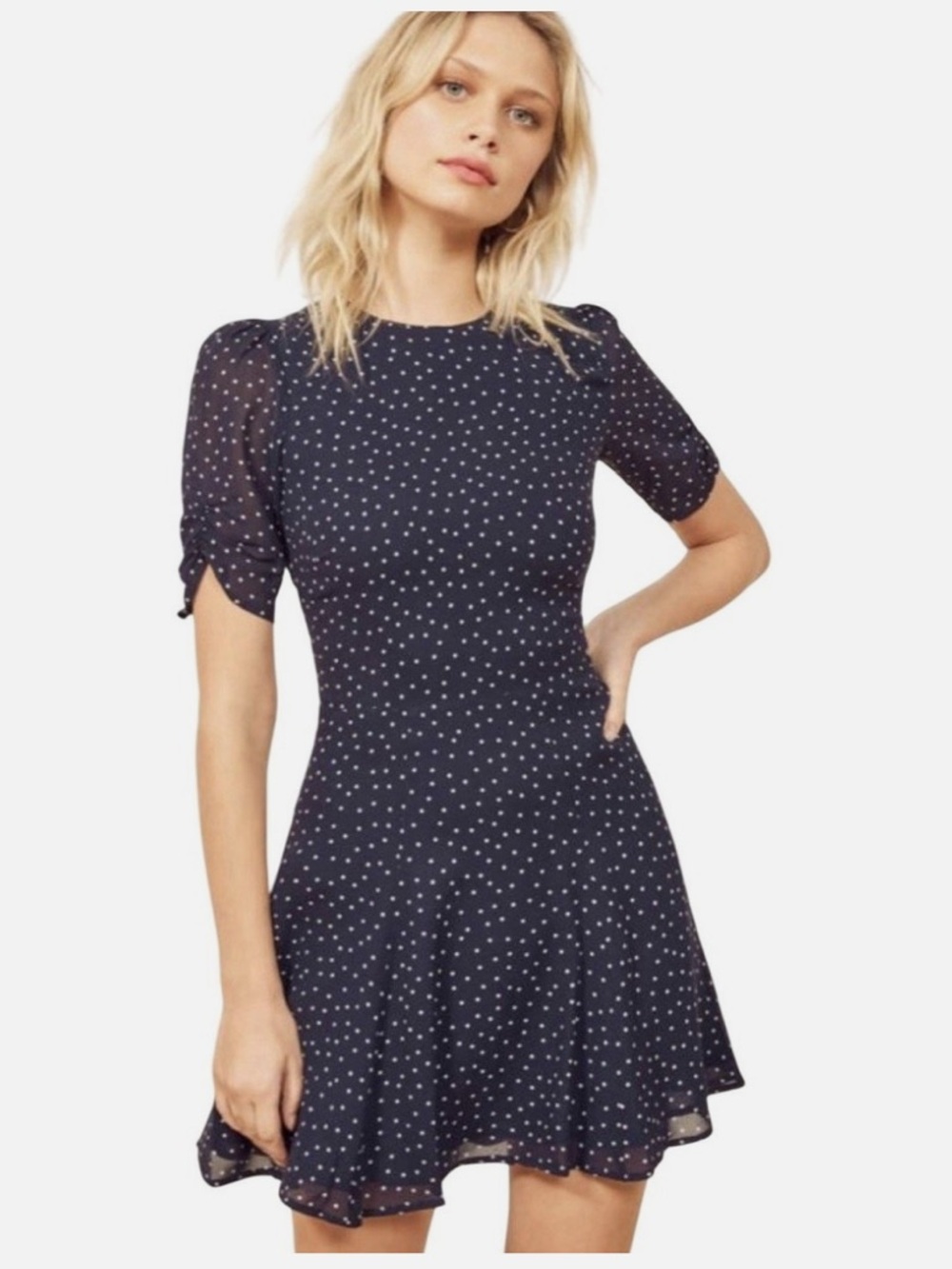 Reformation | Gracie Ruched Sleeve Minidress | Navy Blue Polka Dot‎ | Size 10